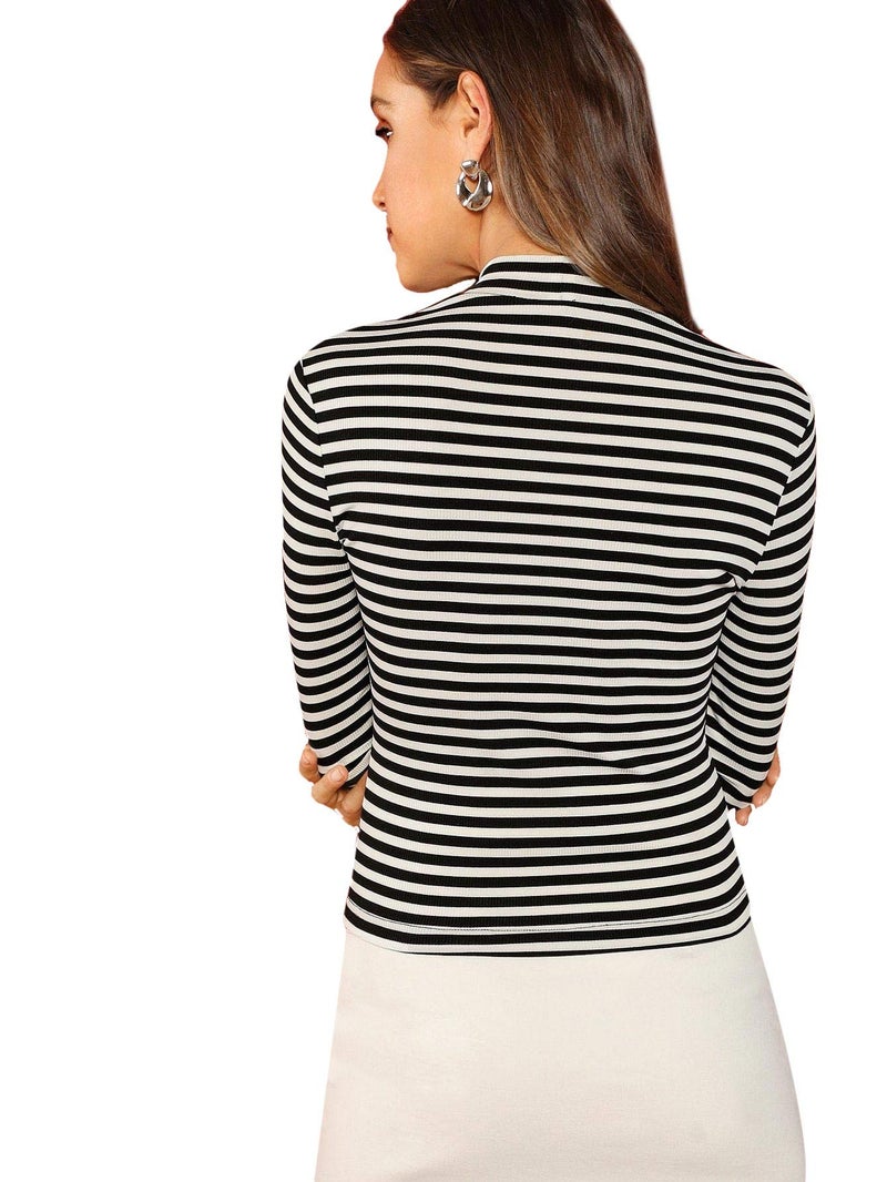 Floerns Women's High Neck Long Sleeve Slim Fit Stretch Striped T-Shirts Black and White, XS - Image 2